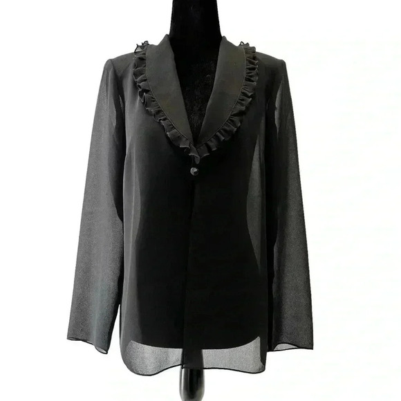 Vintage Marsellis Sheer Blouse Ruffle Collar Open Long Sleeve Black Medium - Picture 14 of 14